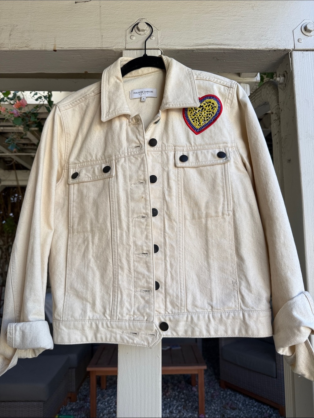 MAISON KITSUNE Off-White Denim Jacket with Colorful Heart Patch
